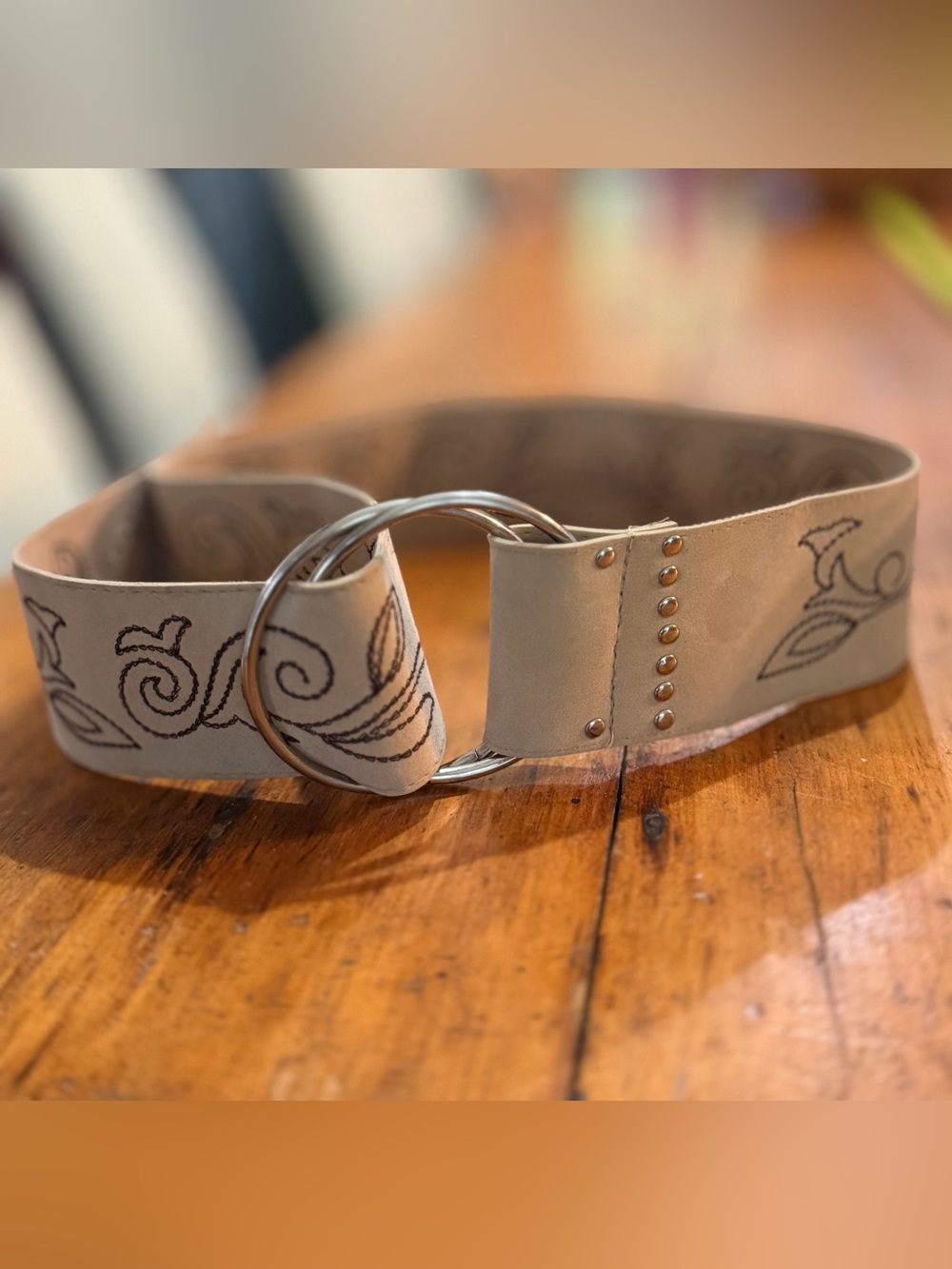 Women’s Beige Floral Embossed Belt with Silver Double-Ring Buckle